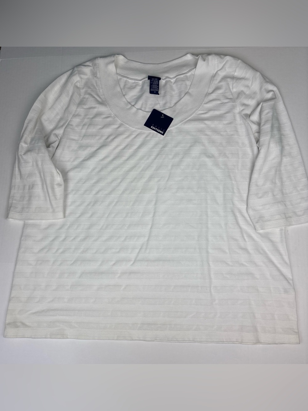 Basic Editions Women 2X Shirt White Stripes Ribbed Half Sleeve Cotton Blend New